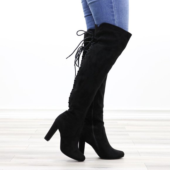 Black Over The Knee Heeled Boots Thigh High Suede With Lace Up Back - Picture 4 of 14
